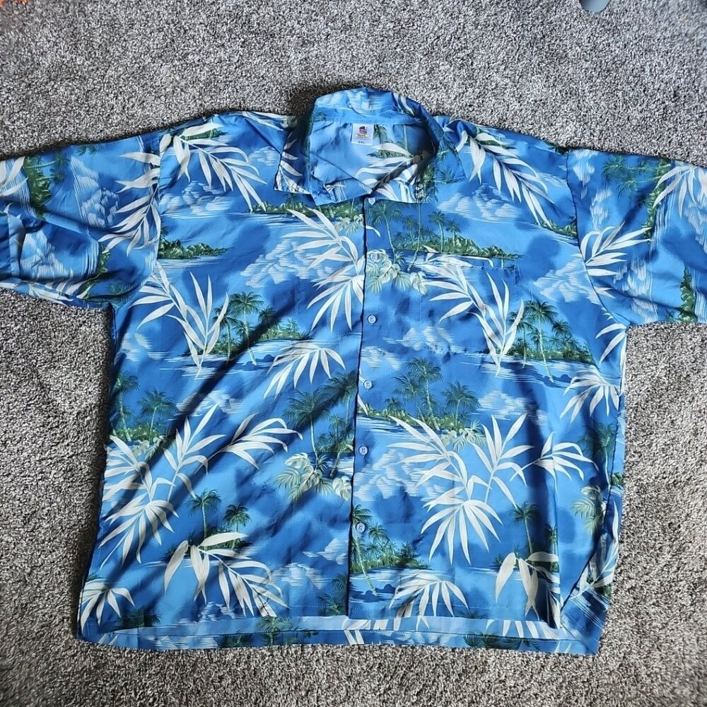 Y2K Rima Brand Hawaiian Button Down Men's 2XL / Boxy 3XL Blue Palm Tree Floral